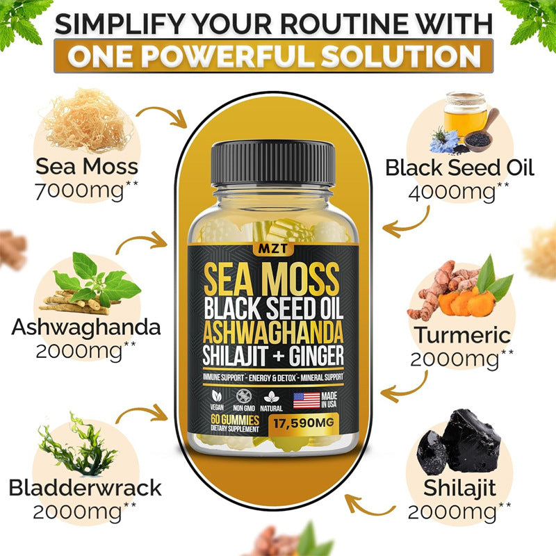 Empower Your Wellness with 13-in-1 Seamoss, Blackseed Oil, Ashwagandha, and Turmeric Gummies
