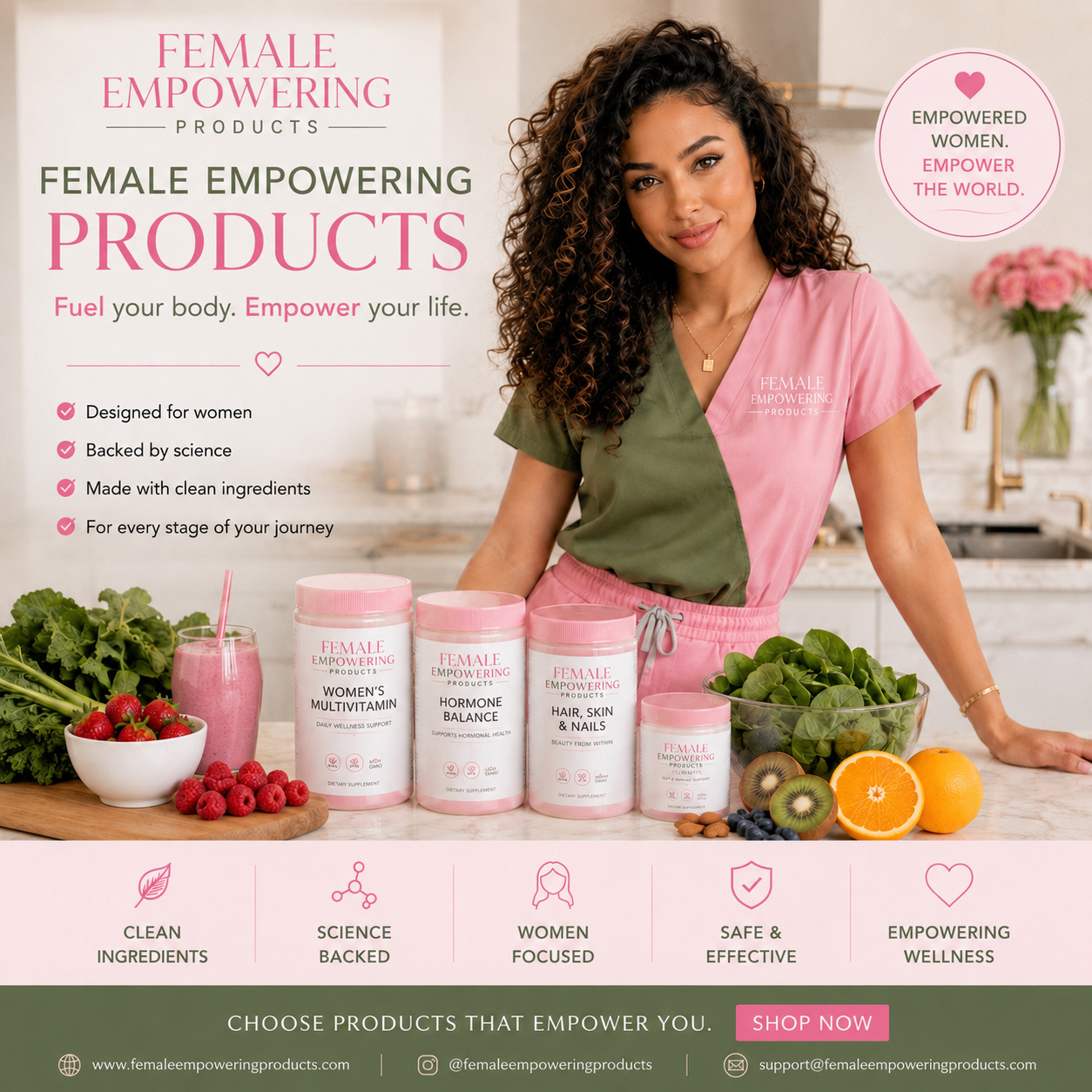A beautiful UGC health model displaying female empowering products supplement collection with fruits and vegetables demonstrating a healthy lifestyle for women.