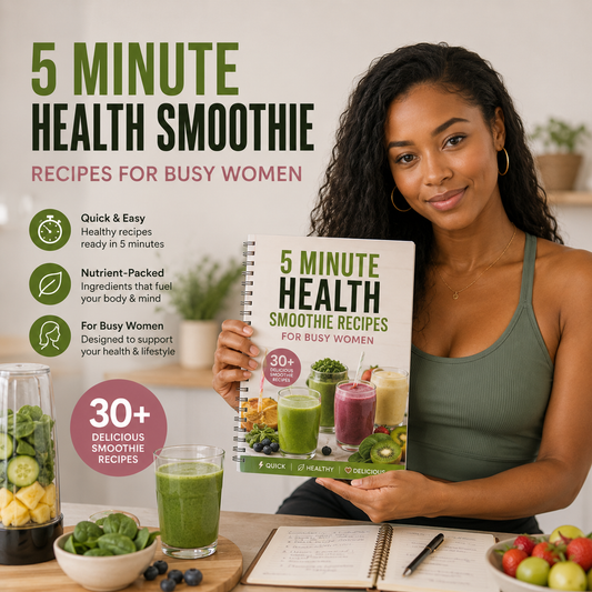 Woman holding a book titled '5 Minute Health Smoothie Recipes for Busy Women' with a smoothie and ingredients on a table.