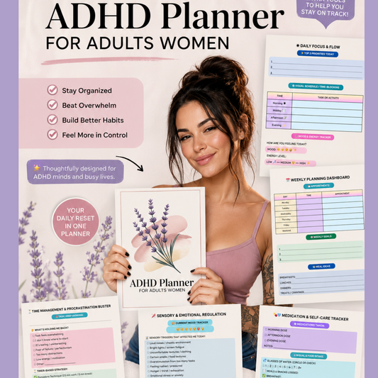 Woman holding ADHD Planner for Women digital workbook featuring daily planning, self-care tracking, mood tracking, time blocking, productivity tools, and ADHD-friendly organization pages.