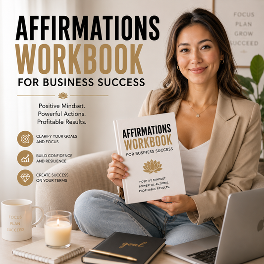Woman holding an ' affirmations workbook for business success' with a home office setting.