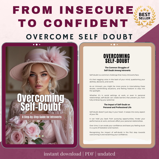 Overcoming self doubt confidence workbook for women displayed on tablet with mindset exercises and personal growth guide