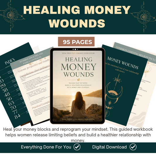 Digital download of 'Healing Money Wounds' workbook with a woman digital download 