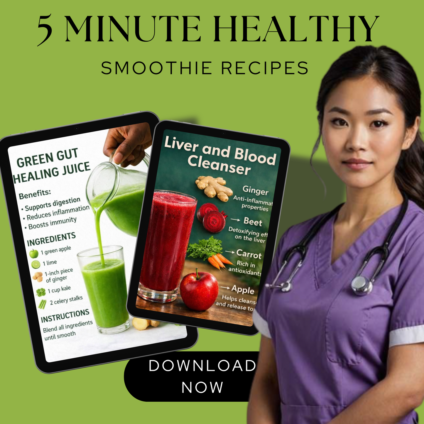 Healthy smoothies for busy women digital planner showing quick smoothie recipes and a woman in a purple top near ipad showing a green smoothie.