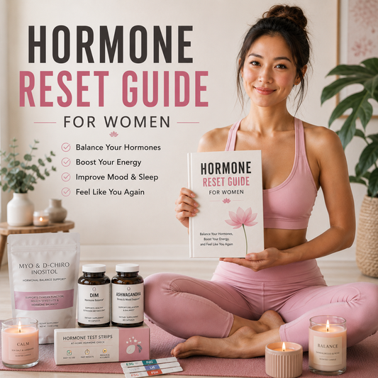 Woman holding a 'Hormone Reset Guide for Women' with health products on a table with hormone support supplements, testing kits and myo & D-Inositol powder.