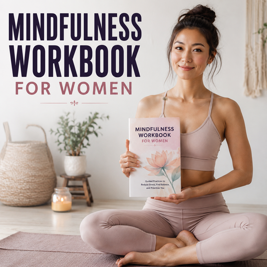 Woman holding a 'Mindfulness Workbook for Women' in a home setting