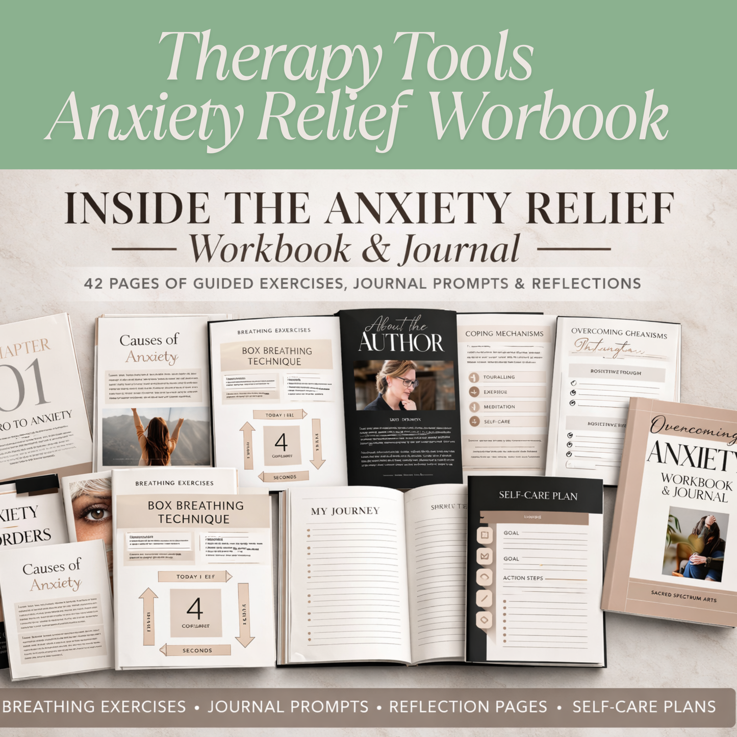 Anxiety relief workbook with various  therpay tools on pages and text on a light green background. Guided exercises and journal prompts