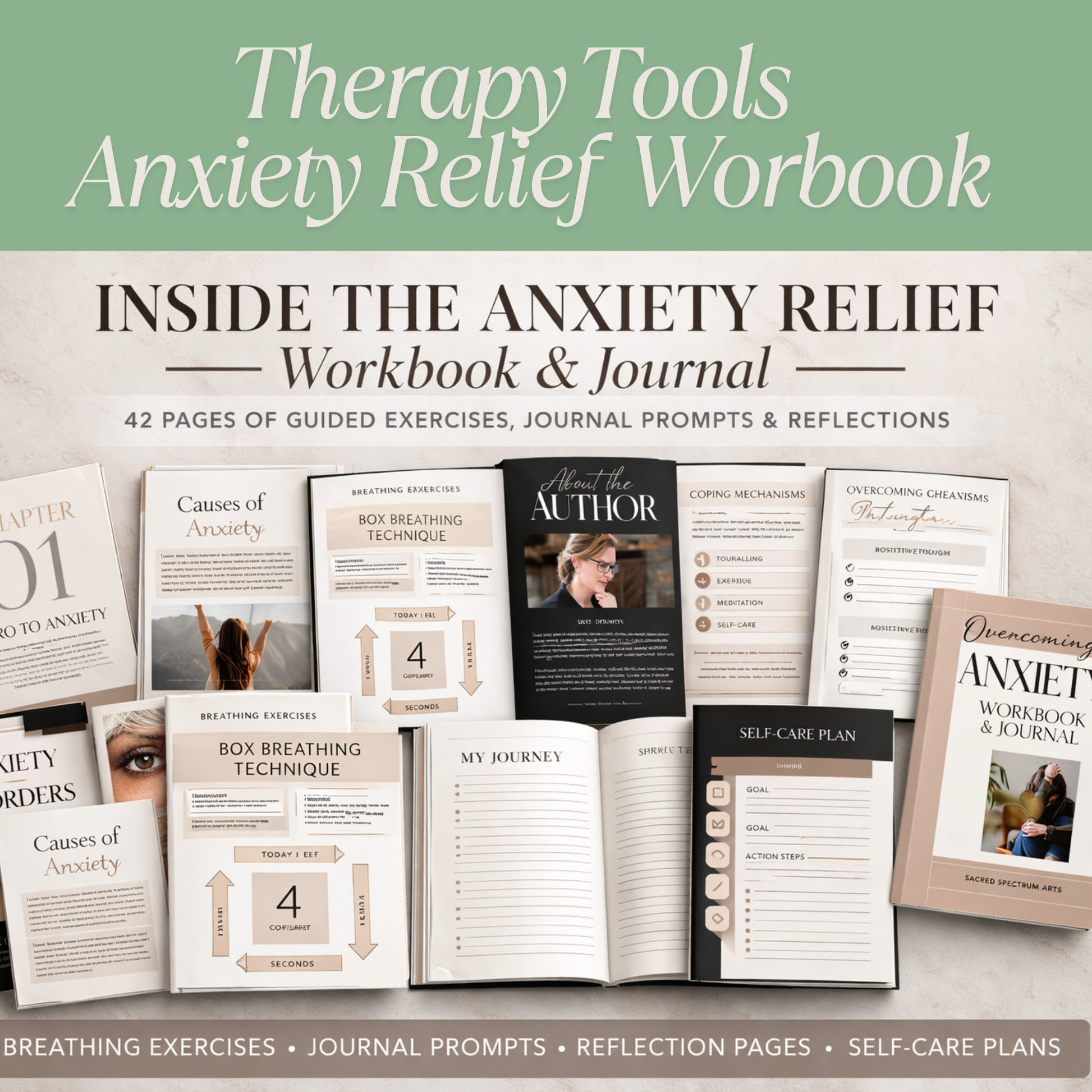 Anxiety relief workbook with various  therpay tools on pages and text on a light green background. Guided exercises and journal prompts