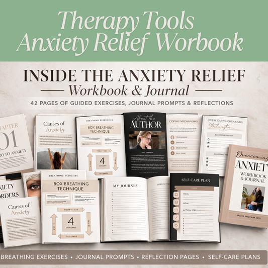 Anxiety relief workbook with various  therpay tools on pages and text on a light green background. Guided exercises and journal prompts
