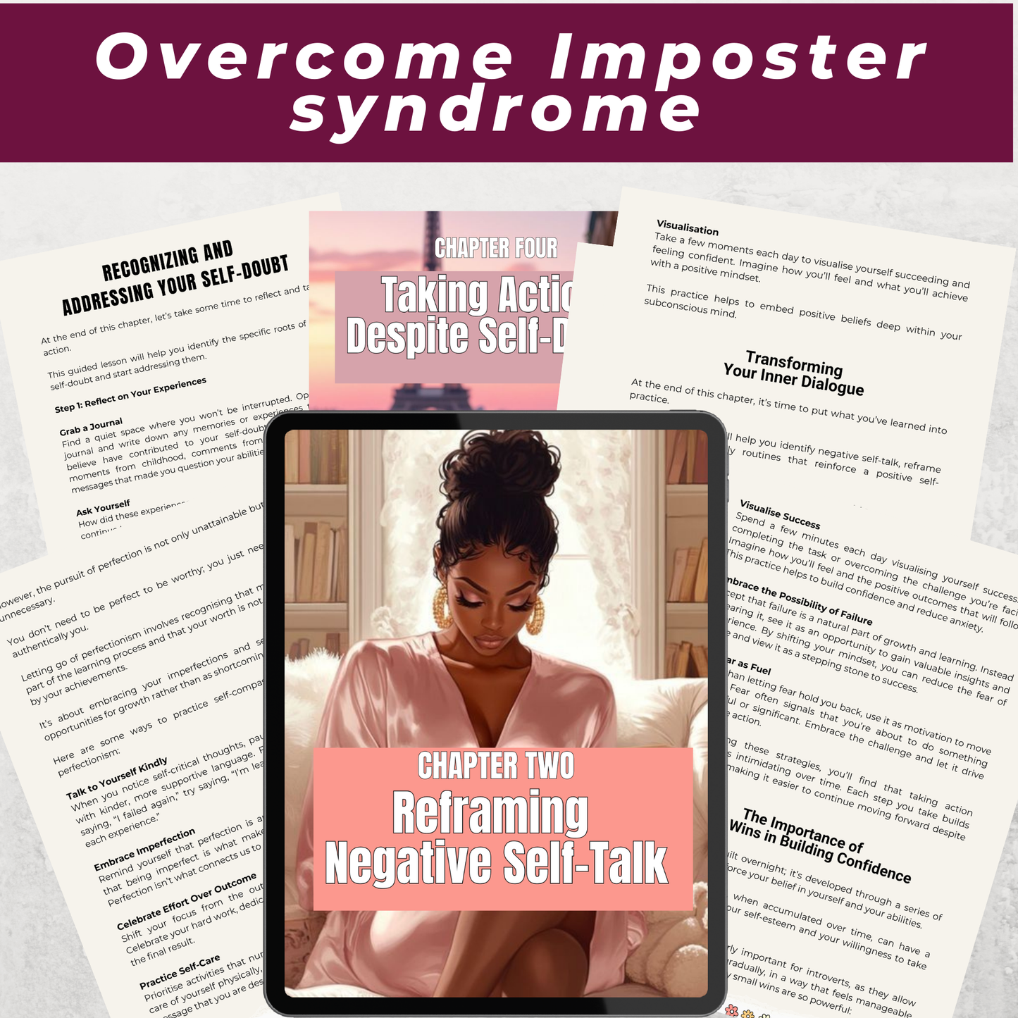 Confidence building workbook pages with reflection exercises and mindset transformation guide