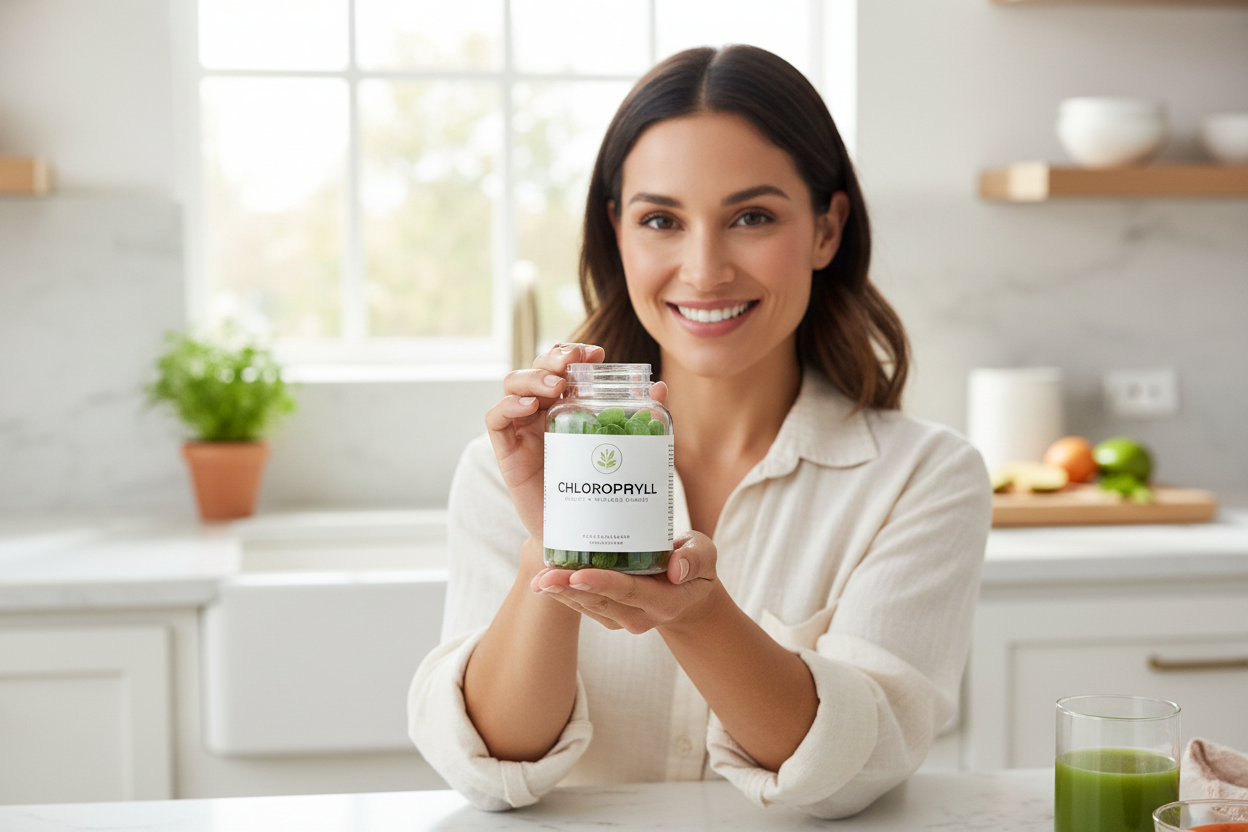 woman holding a bottle of chlorophyll gummies for wellness and beauty in her kitchen
