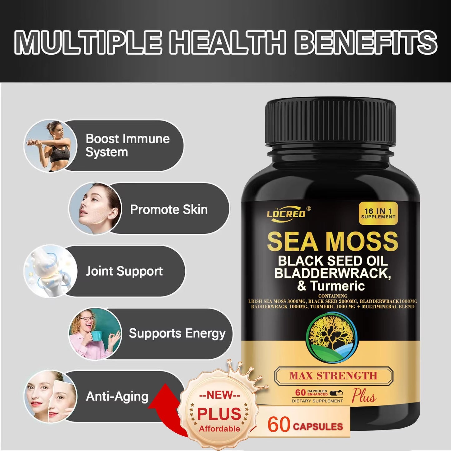 Ultimate 16-in-1 Joint Support Sea Moss Capsules – Black Seed Oil, Bladderwrack & Turmeric for Women’s Health