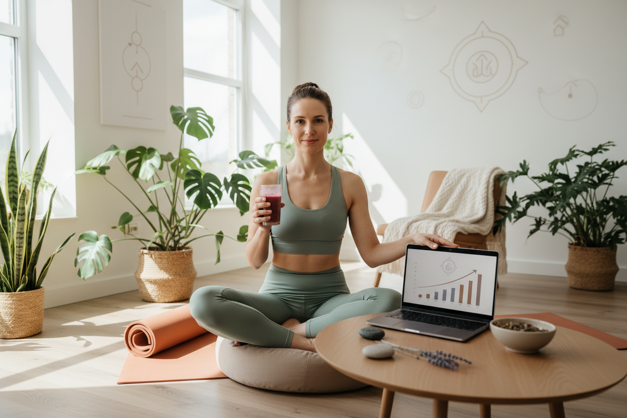 Woman in green athletic wear sitting on a yoga mat with a glass of juice, laptop, and plants in a bright room.