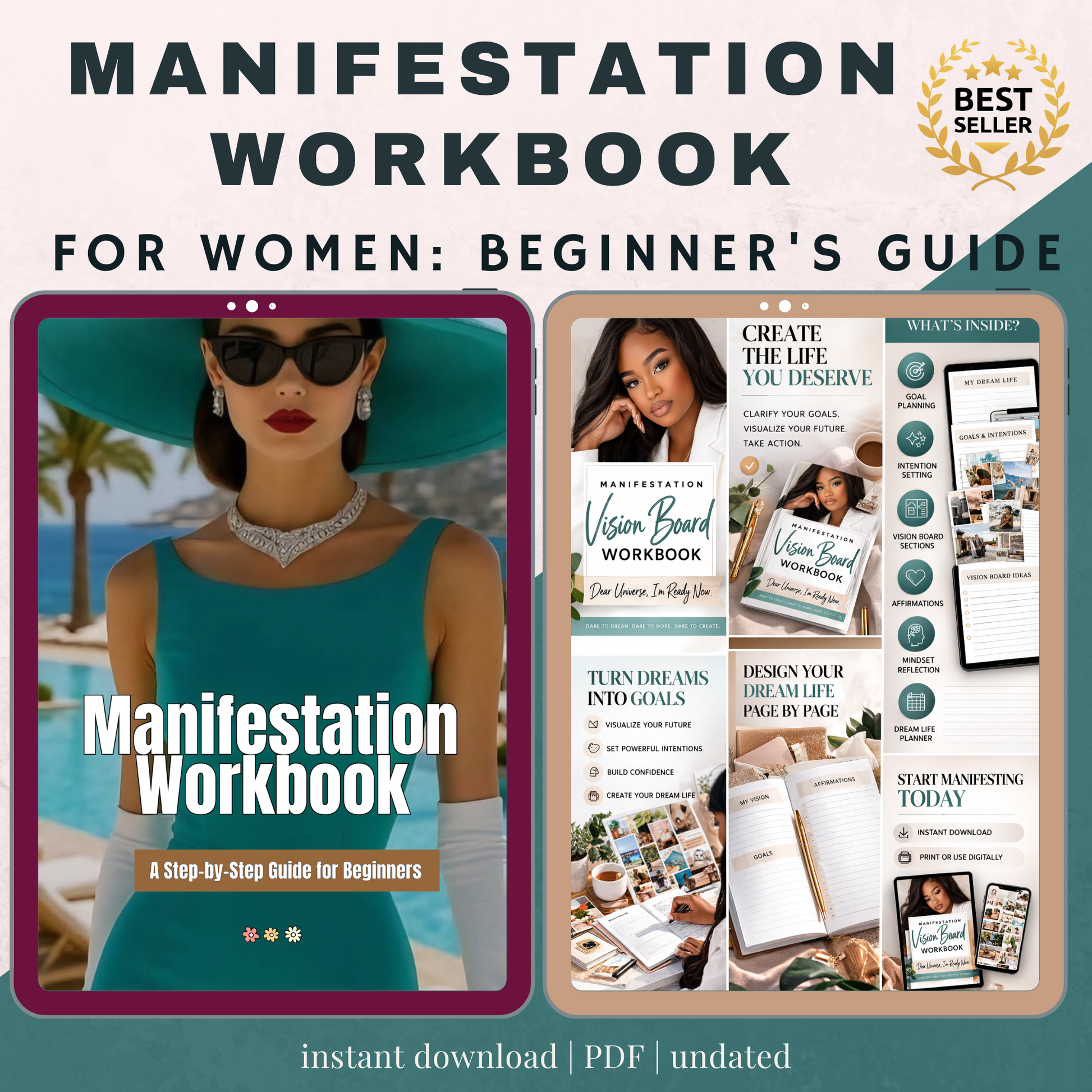 Manifestation workbook for women with tools, dailyprompts and worksheet 