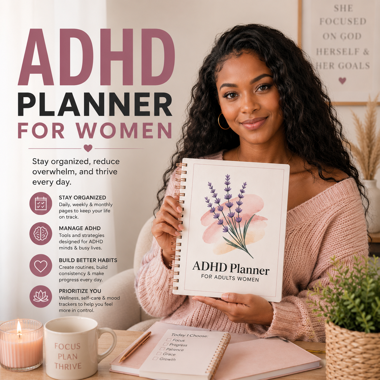 Woman holding an ADHD planner with a decorative cover, surrounded by stationery items and calming candles for clarity and focus.