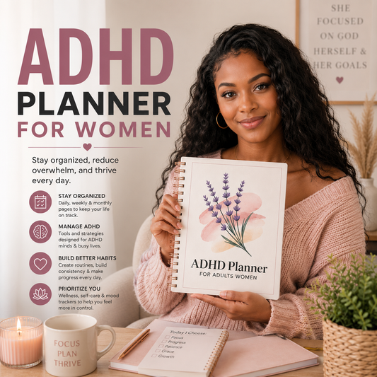 Woman holding an ADHD planner with a decorative cover, surrounded by stationery items and calming candles for clarity and focus.