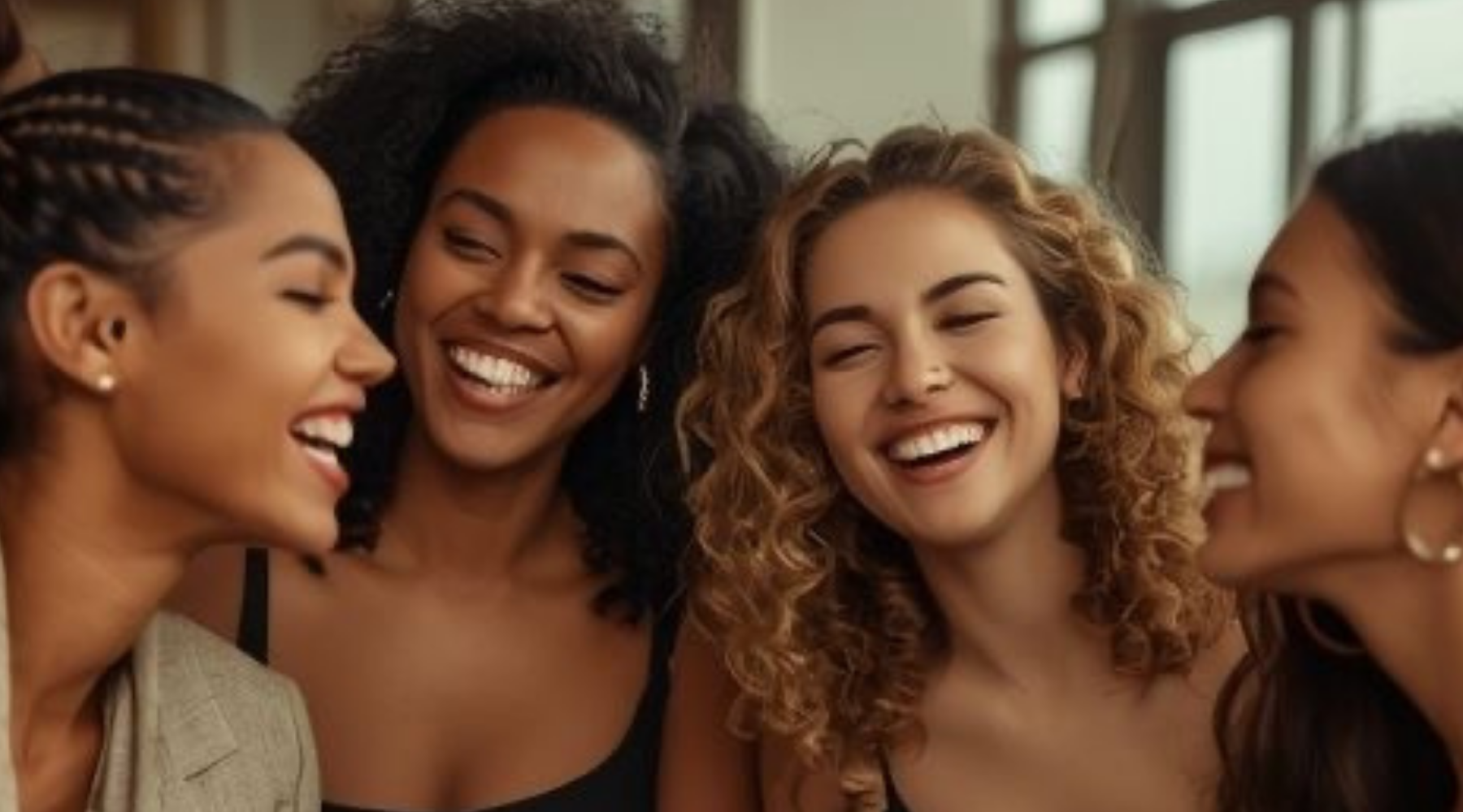 Four diverse women smiling together, representing holistic women's wellness, lifestyle empowerment and community at Female Empowering Products.